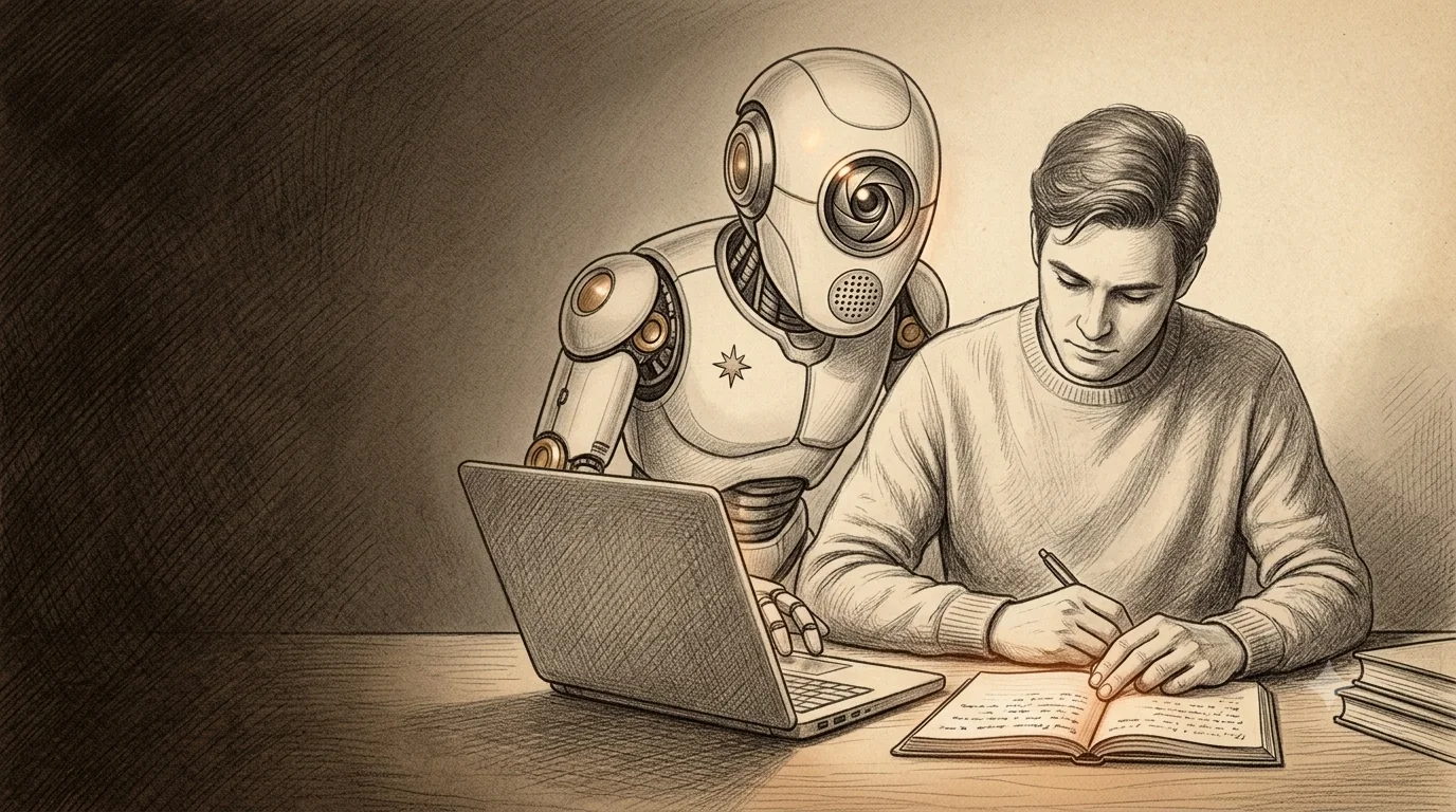 Der see2be AI-Mascot schaut einem arbeitenden Menschen hilfreich über die Schulter, während dieser in ein Notizbuch schreibt.