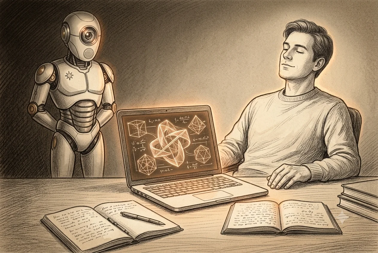 Ein Mensch lehnt sich zufrieden zurück, auf dem Laptop leuchtet ein fertiges Ergebnis; der see2be AI-Mascot beobachtet ruhig im Hintergrund.