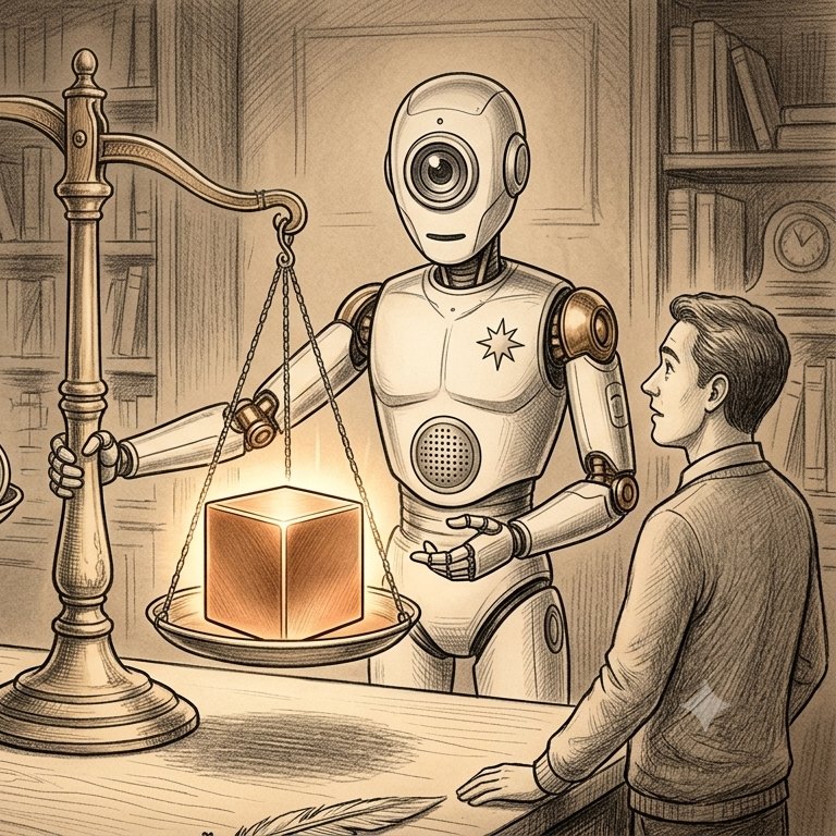 Illustration: ein Roboter wägt an einer Waage Stunden gegen Wertschöpfung ab