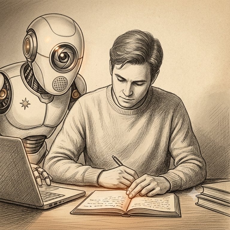 Illustration: ein Roboter begleitet einen schreibenden Menschen am Schreibtisch