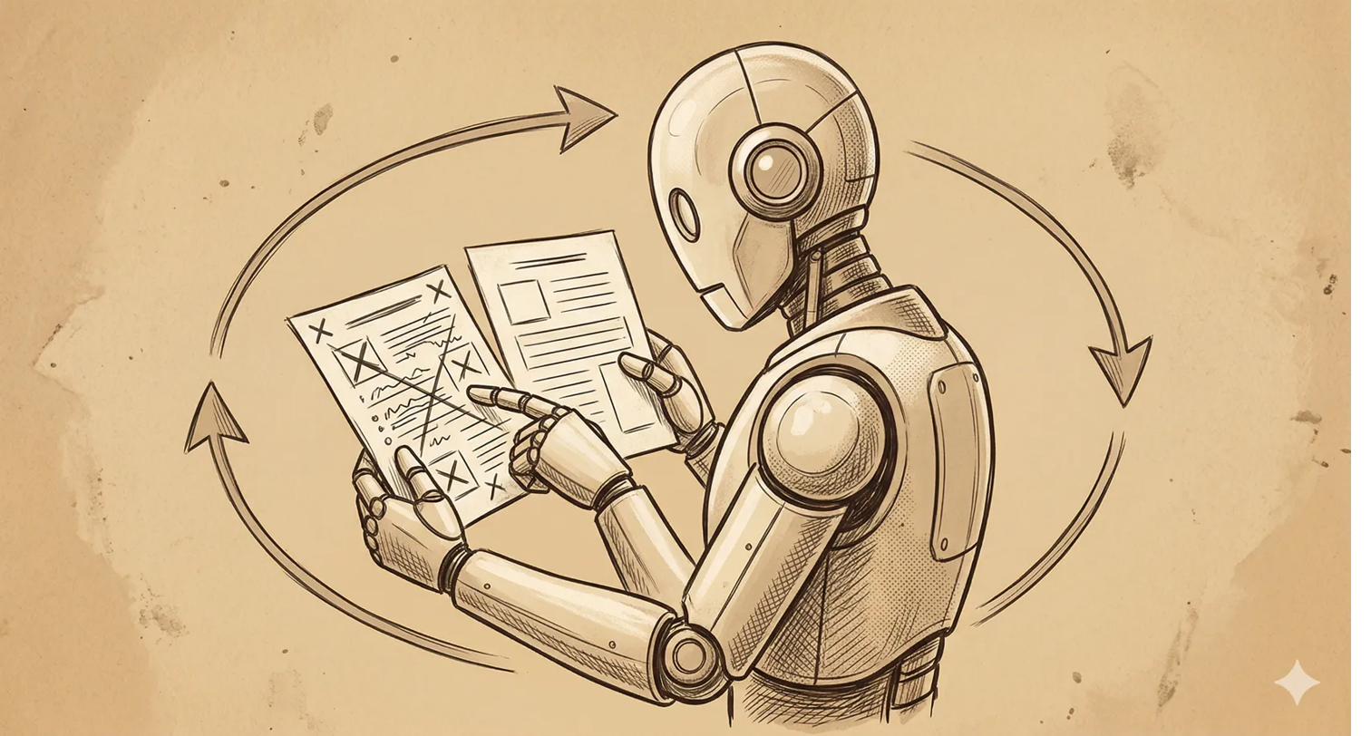 Tuschezeichnung: ein Roboter vergleicht zwei Checklisten miteinander — welches Werkzeug liefert wo?